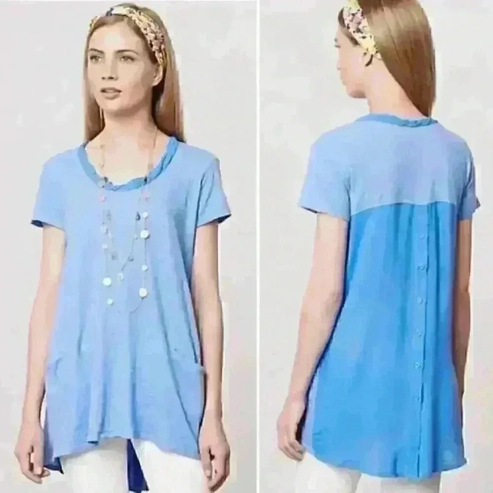 Anthropologie Left Of Center Scoop Neck White Oversized T-Shirt Button Up Back